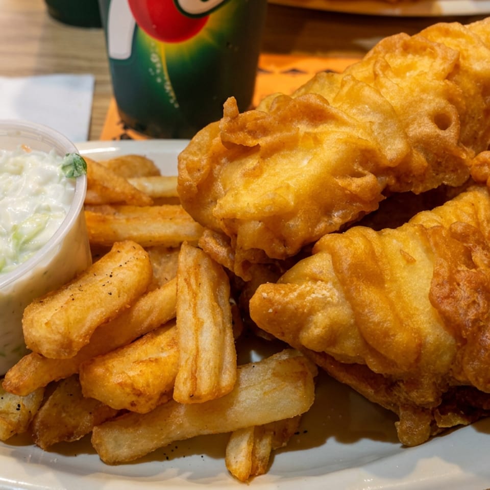 Plate of golden battered fish and fries served with creamy coleslaw at a restaurant table.
