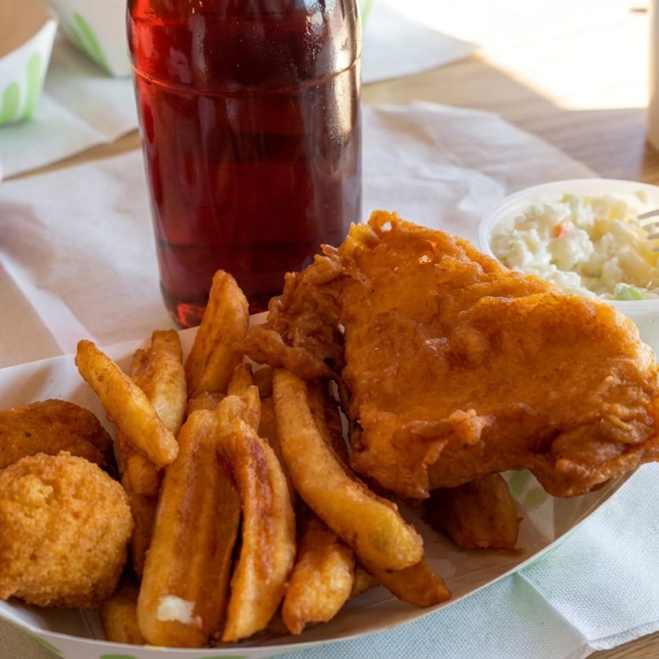 Fried fish, fries, and hush puppies served with coleslaw, dipping sauces, and a bottled soft drink on a wooden table.