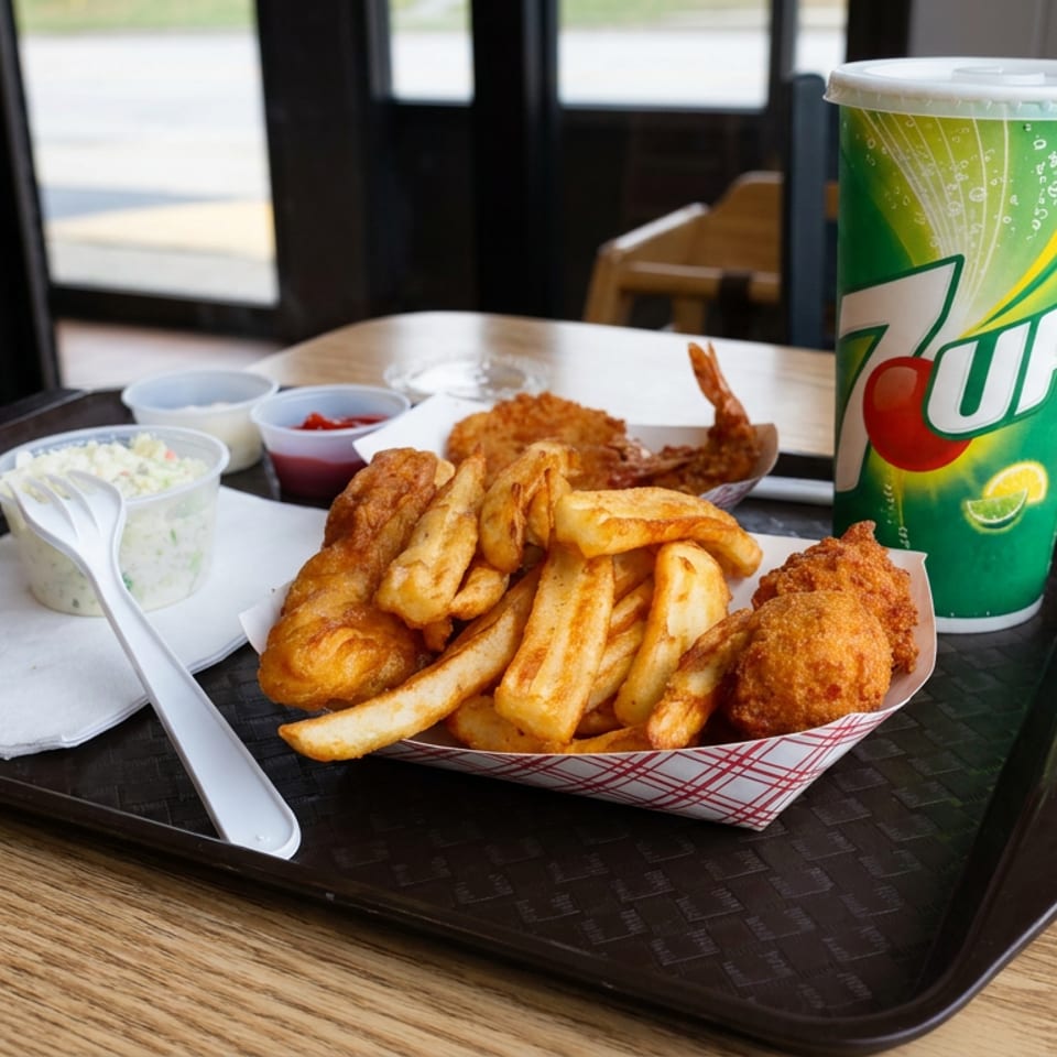 Basket of fried fish, shrimp, hush puppies, and fries with coleslaw, dipping sauce, and a large 7UP on a restaurant table.