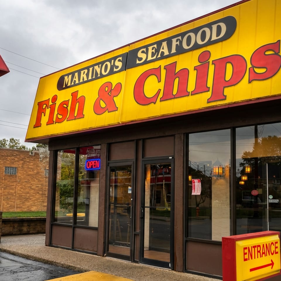 Marino’s Seafood Fish & Chips restaurant exterior with bright yellow signage, entrance arrow, and illuminated open sign.