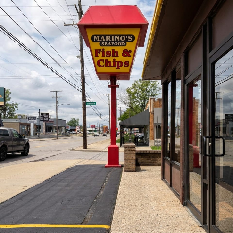 Marino’s Seafood Fish & Chips storefront with a prominent roadside sign, glass entrance, sidewalk, and passing pickup truck.
