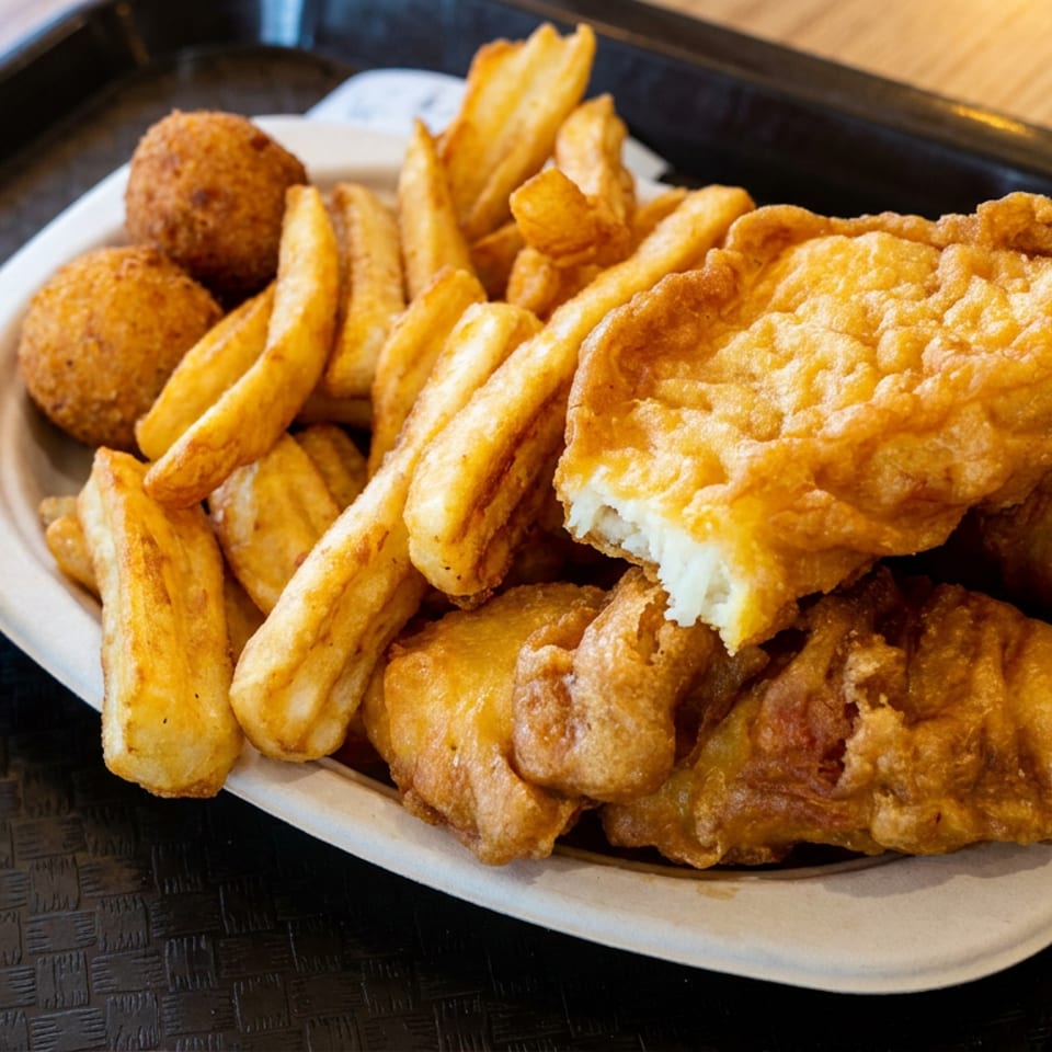 Golden fried fish and chips with hush puppies and tartar sauce served on a white plate atop a black tray.