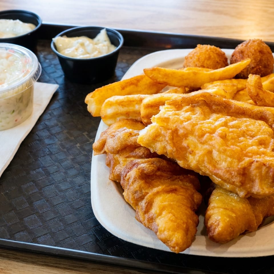 Plate of golden fried fish, chips, hush puppies, and creamy coleslaw with dipping sauces on a black serving tray.