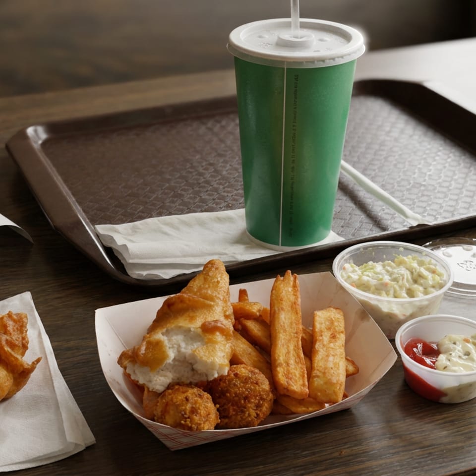 Fried fish, chips, hush puppies, tartar sauce, coleslaw, and ketchup arranged on a restaurant table with a green drink.