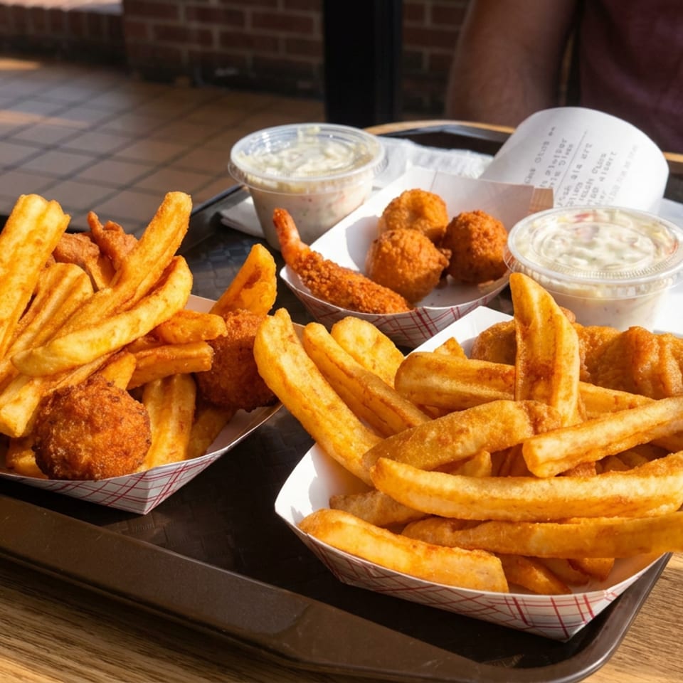 Two baskets of golden fries and fried seafood with cups of creamy dipping sauce on a restaurant tray.