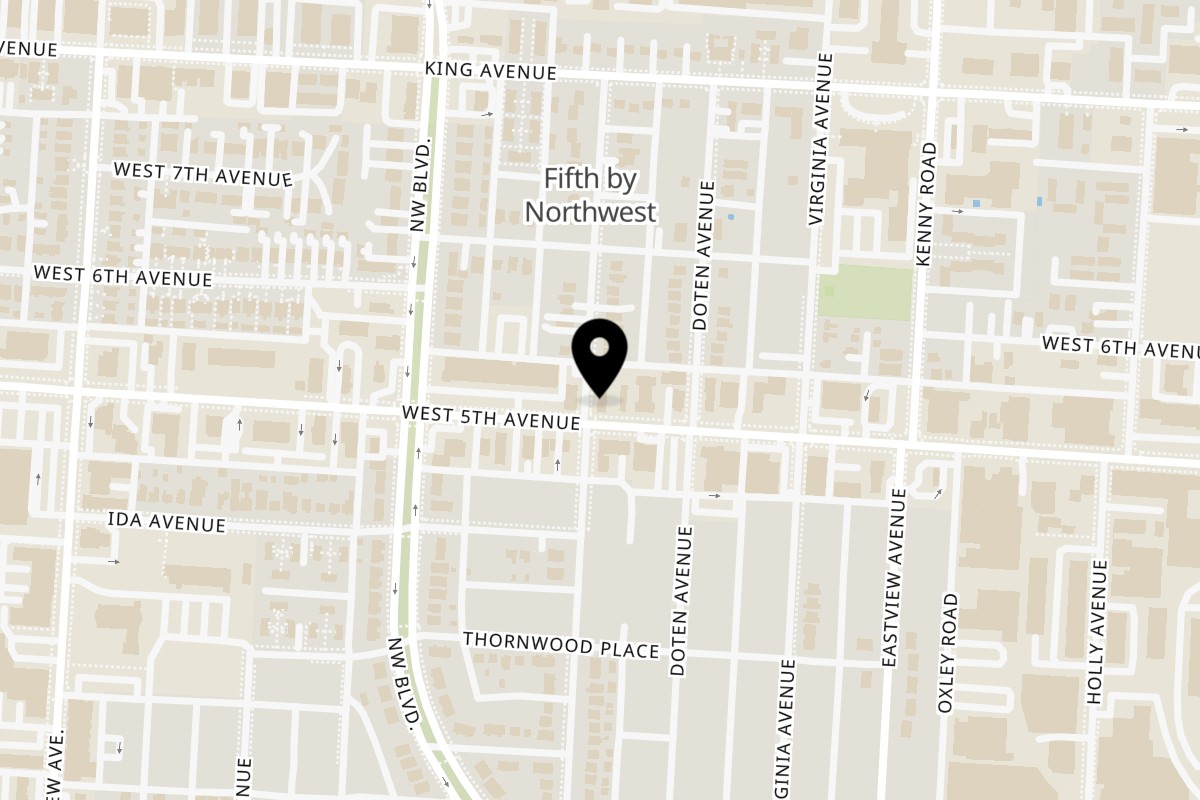 Map showing the location of Marino's Seafood Fish & Chips on 1216 W 5th Ave in Columbus